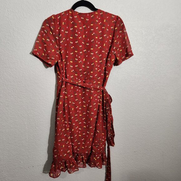 Grace & Chili Dress Red Floral Wrap Ruffle Fairy Floralcore  Cherry Peach - Picture 6 of 12